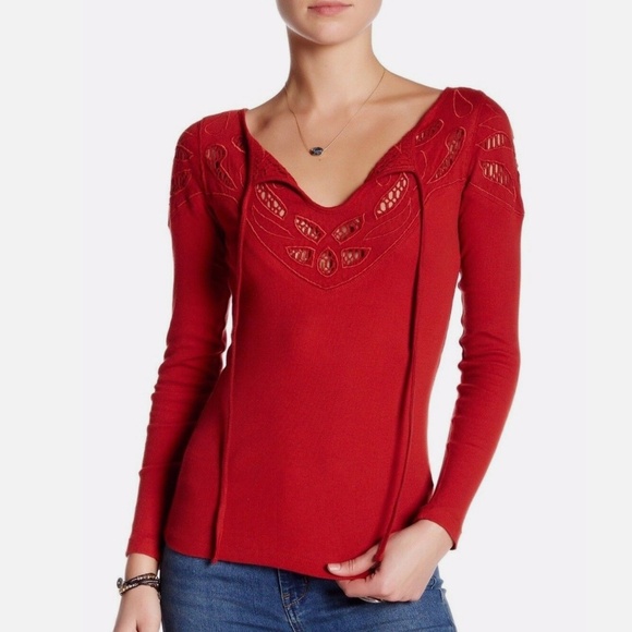 Free People Women's Red Orange Embroidered Ribbed Stretchy Long Sleeve MEDIUM - Picture 1 of 8